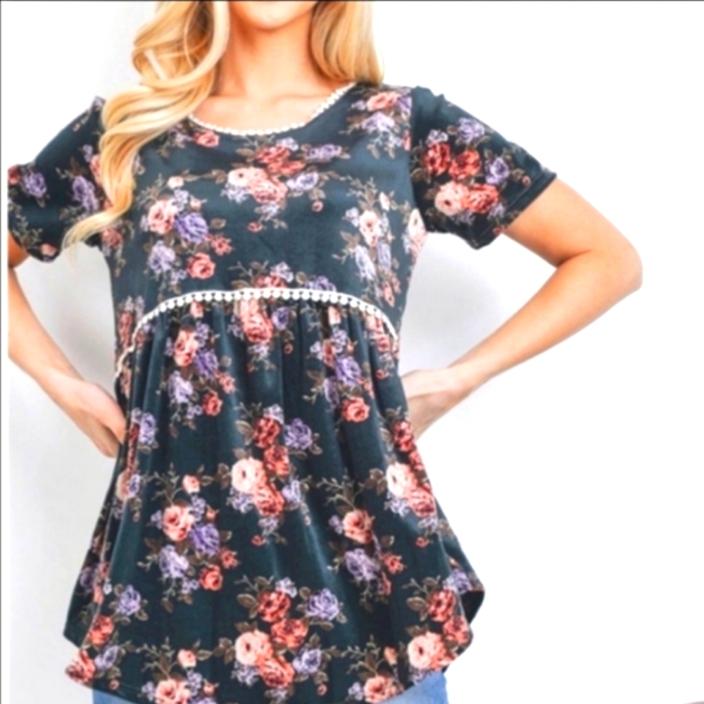 NWOT Womens' Vintage velvety feel floral baby doll top size L
